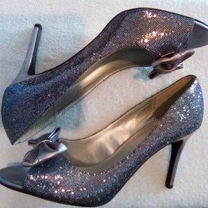 Glittery Silver Peep Toe High Heels